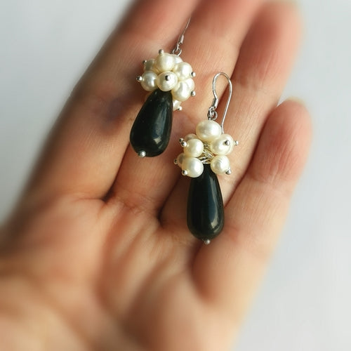 White Freshwater Pearl Cluster & Black Onyx Drop Earrings