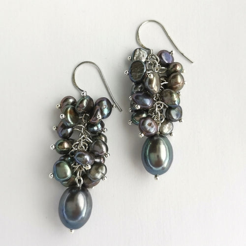 Peacock Grey Freshwater Pearl Grape Cluster Dangle Earrings