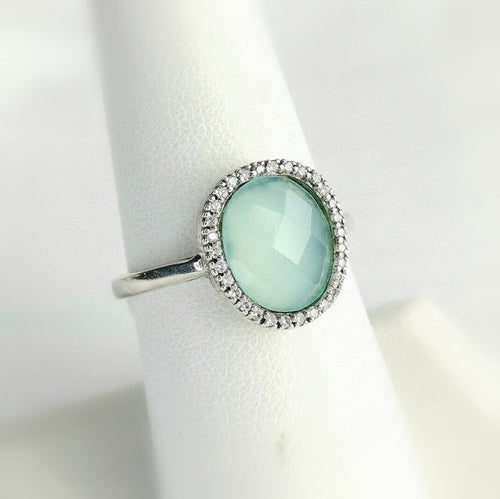 Aqua Chalcedony White Sapphire Halo Ring size 7.5