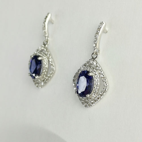 Blue and White Sapphire Halo Drop Earrings in Sterling Silver