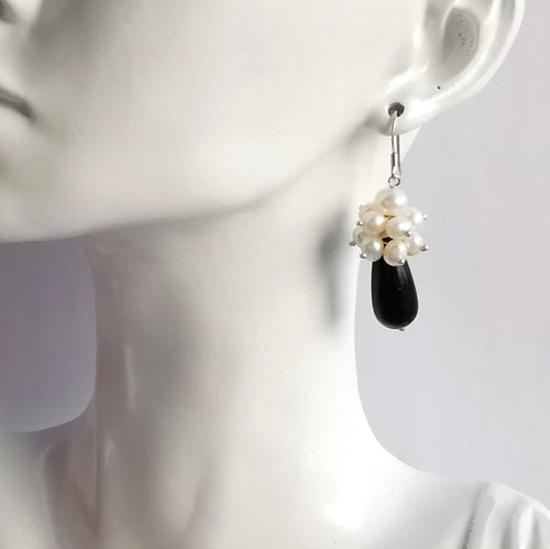 White Freshwater Pearl Cluster & Black Onyx Drop Earrings