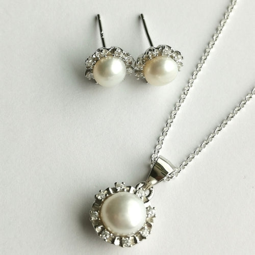 Cultured White Pearl White Sapphire Halo Pendant Necklace Earring Set