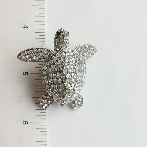 Crystal Sea Turtle Brooch / Pendant in Silver Tone