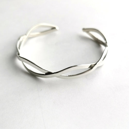 Modern "Waves" Sterling Silver Open Bangle Bracelet