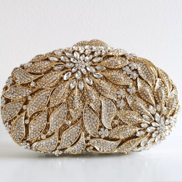 Exquisite Crystal Floral Clutch Evening Purse in Gold Tone