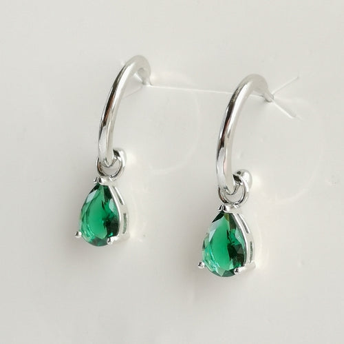 Sterling Silver Hoop Earrings with Emerald Teardrop Charms