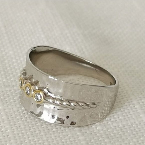 Hammered Sterling Silver Band Ring with White Sapphire and 14k Gold