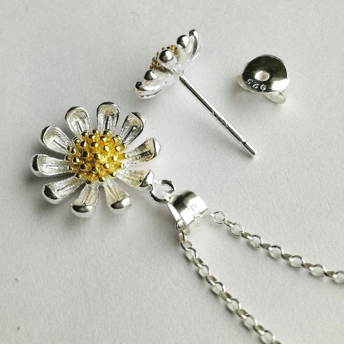 Daisy Pendant Necklace Earring set in Sterling Silver and 14k Gold