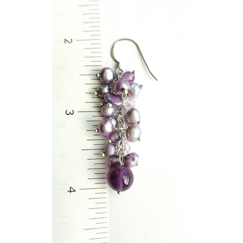 Lavender Purple Freshwater Pearl and Amethyst Grape Cluster Earrings