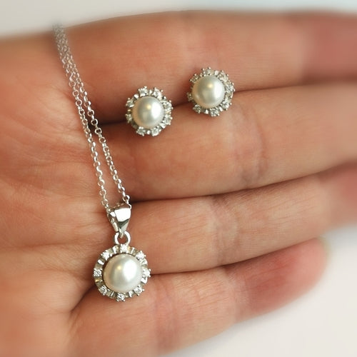 Cultured White Pearl White Sapphire Halo Pendant Necklace Earring Set