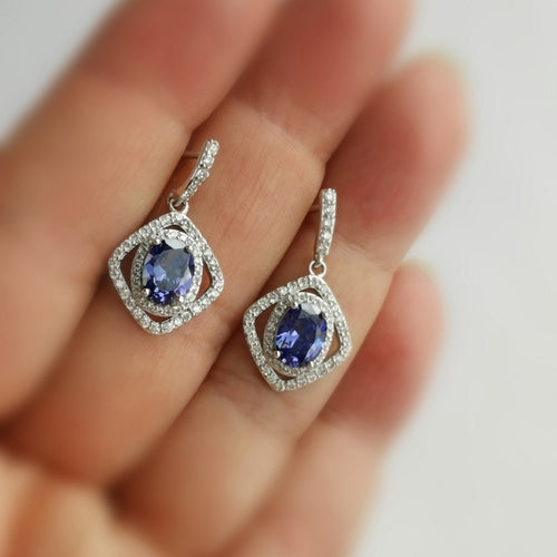 Blue and White Sapphire Halo Drop Earrings in Sterling Silver