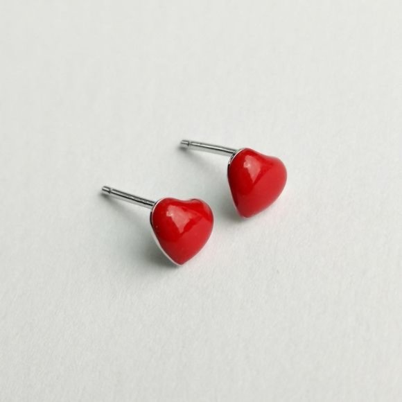 Small Red Enamel Heart Stud Earrings in Sterling Silver