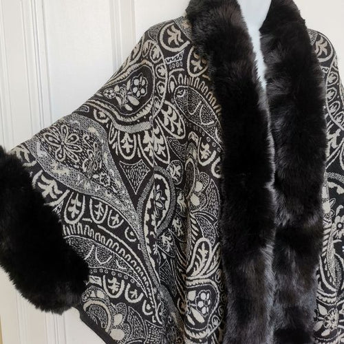 Paisley Black Cape with Faux Fur Trim one size