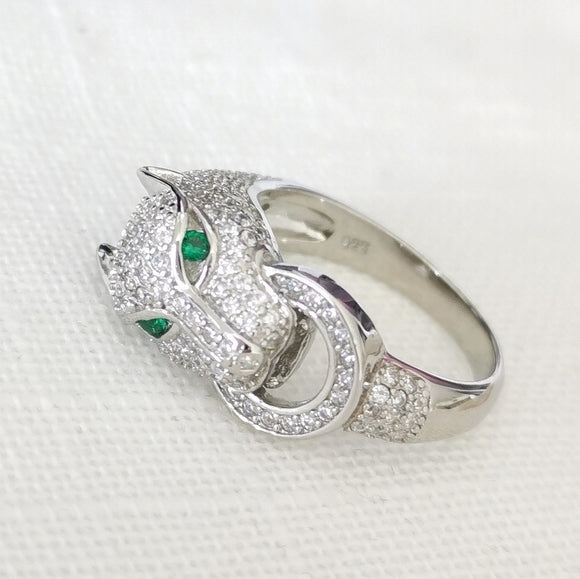 Pave CZ Panther Ring in Sterling Silver Green Eyes