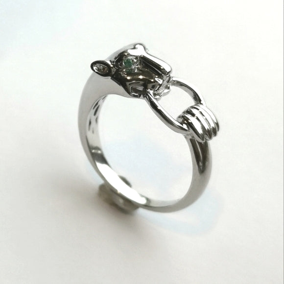 Panther Cat Sterling Silver Ring with Green CZ Eyes