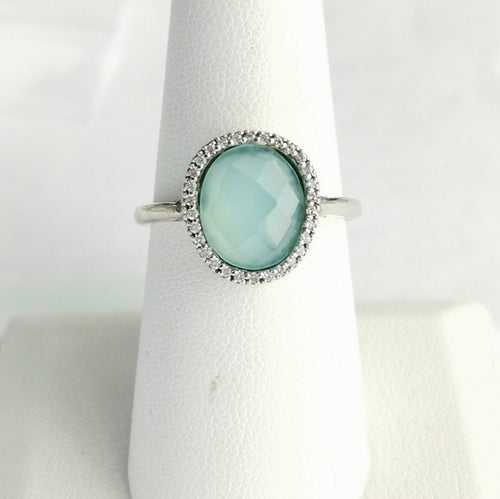 Aqua Chalcedony White Sapphire Halo Ring size 7.5