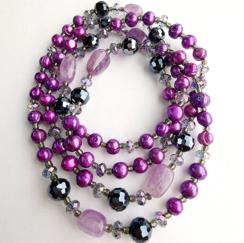 Feshwater Purple Pearl, Amethyst and Crystal Rope Necklace