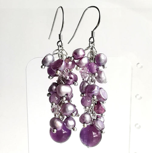 Lavender Purple Freshwater Pearl and Amethyst Grape Cluster Earrings