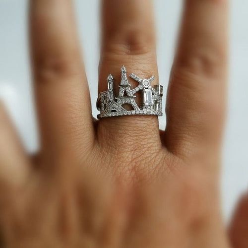 Paris Skyline Cityscape Ring in Sterling Silver and CZ