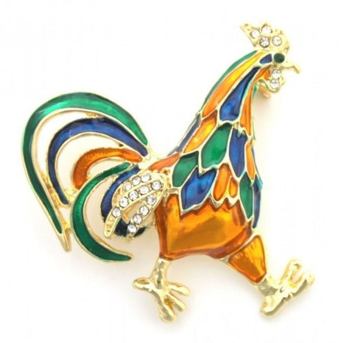 Golden Yellow Enamel and Crystal Rooster Brooch