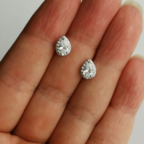 Teardrop CZ with Halo Stud Earrings in Sterling Silver