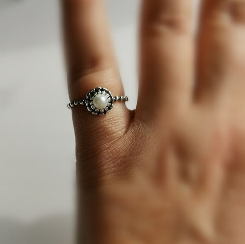 White Freshwater Pearl Ring in Beaded Sterling Silver