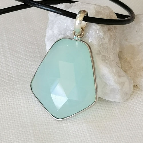 Faceted Aqua Chalcedony In Sterling Silver Pendant Necklace