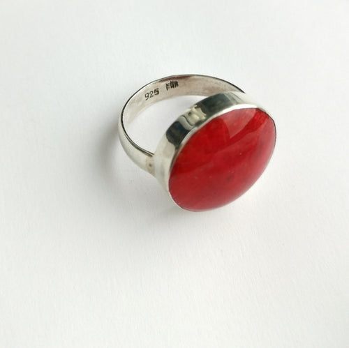 Red Sponge Coral Geometric Ring in Sterling Silver