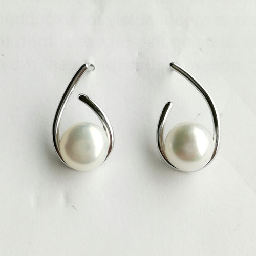 Modernist White Cultured Pearl Stud Earrings in Sterling Silver