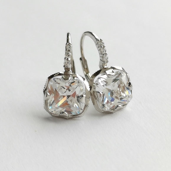 Radiant Cut CZ Drop Lever Back Earrings in Sterling Silver