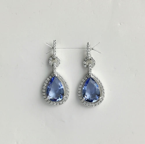 Ceylon Blue Sapphire Halo Teardrop Earrings in Sterling Silver