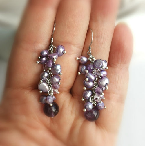 Lavender Purple Freshwater Pearl and Amethyst Grape Cluster Earrings