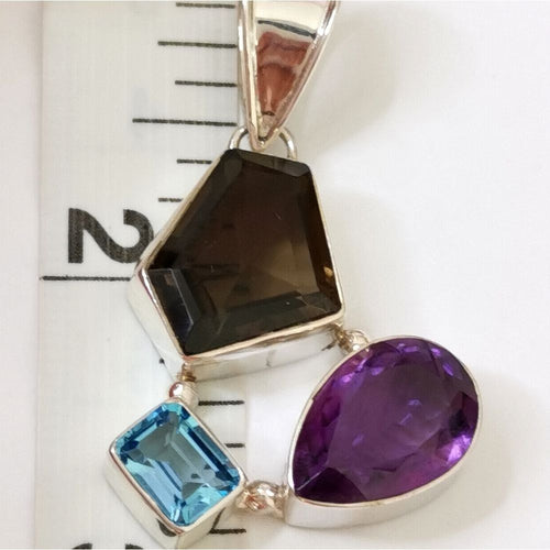 Smoky and BlueTopaz, Amethyst Pendant in Sterling Silver