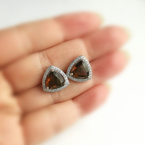 Smoky Quartz White Sapphire Halo Stud Earrings