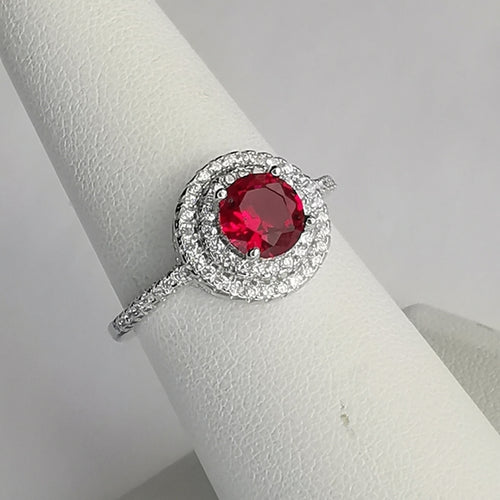 Ruby CZ Halo Ring in Sterling Silver