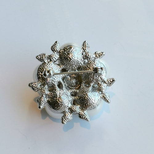 White Faux Pearl and Crystal Cluster Brooch in Silver Tone