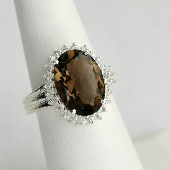 Smokey Topaz  / Smoky Quartz White Sapphire Halo Ring size 7