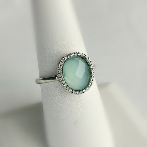 Aqua Chalcedony White Sapphire Halo Ring size 7.5