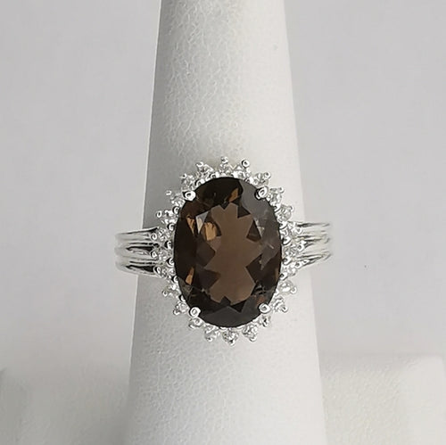 Smokey Topaz  / Smoky Quartz White Sapphire Halo Ring size 7