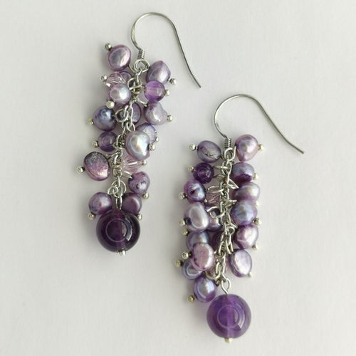 Lavender Purple Freshwater Pearl and Amethyst Grape Cluster Earrings