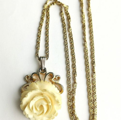 Vintage Mid Century Carved Rose Pendant Necklace
