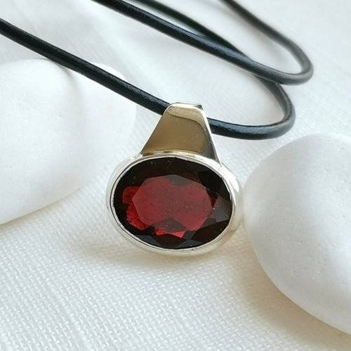 Modernist Oval Garnet Pendant in Sterling Silver Necklace