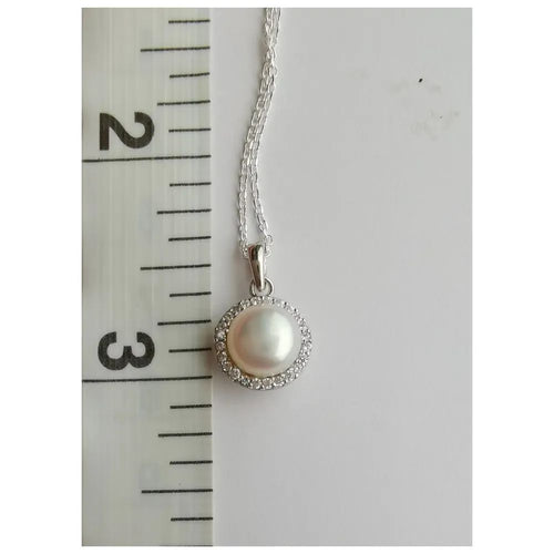 White cultured pearl pendant necklace with cz halo