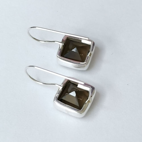 Smoky Topaz Quartz Square Cut Earrings in Sterling Silver