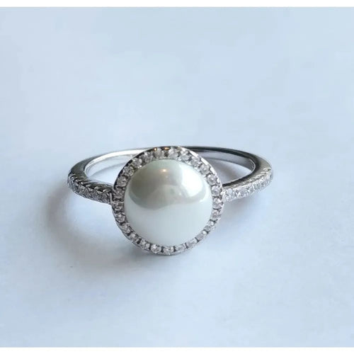 White Mabe Pearl Ring with CZ Halo size 7