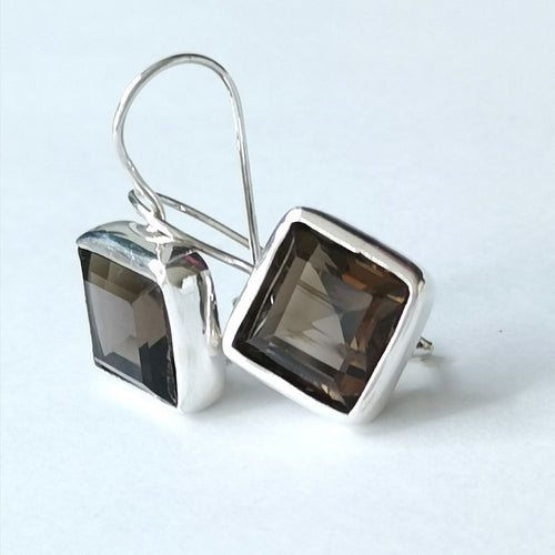 Smoky Topaz Quartz Square Cut Earrings in Sterling Silver