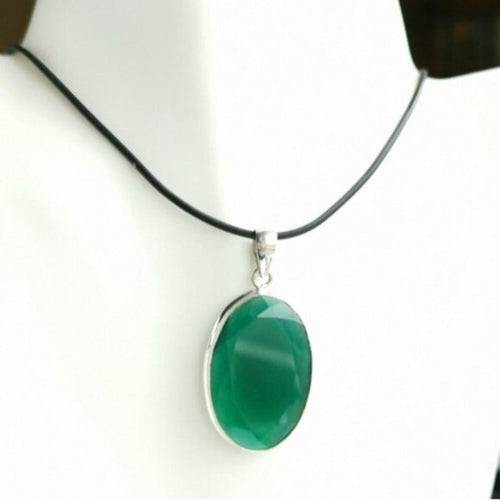 Large Oval Green Onyx Pendant Necklace