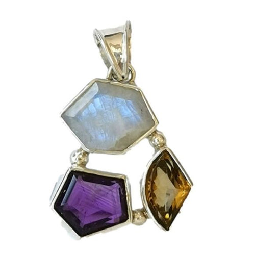 Modernist Freeform Moonstone Amethyst Citrine Pendant in Sterling Silver