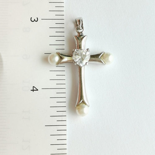 White Pearl CZ Cross Pendant in Sterling Silver