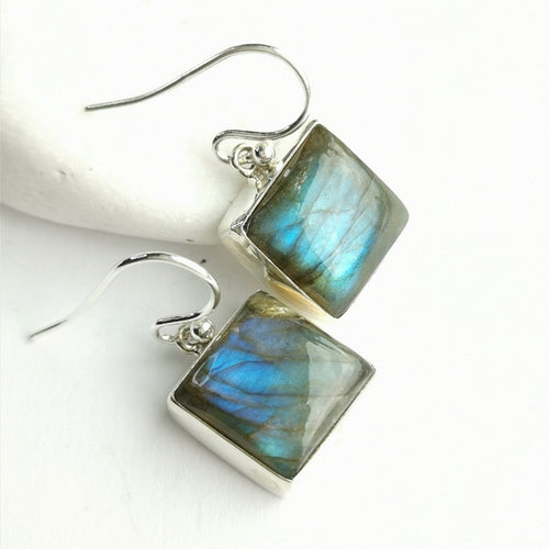 Modernist Labradorite Square Dangle Earrings in Sterling Silver